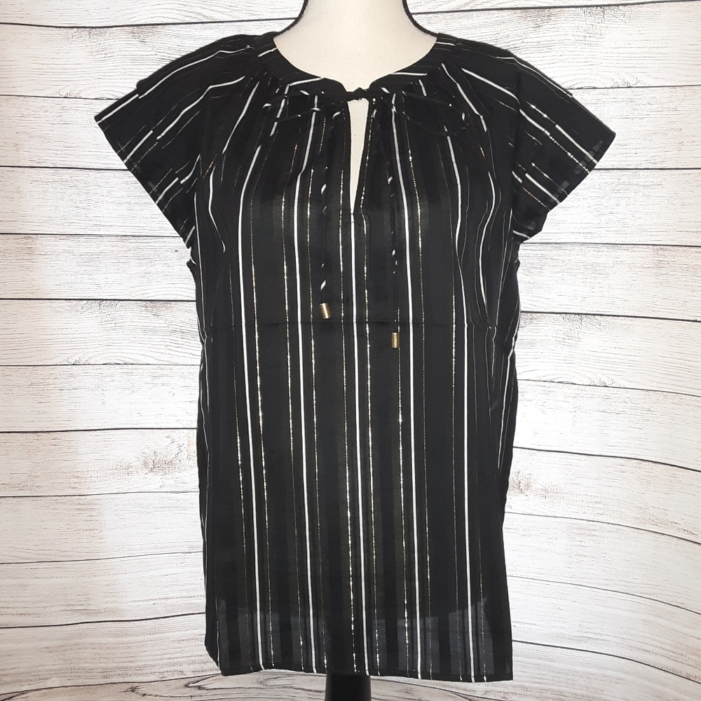 Ann Taylor Black Striped Double Flutter Slv Blouse - Picture 2 of 8